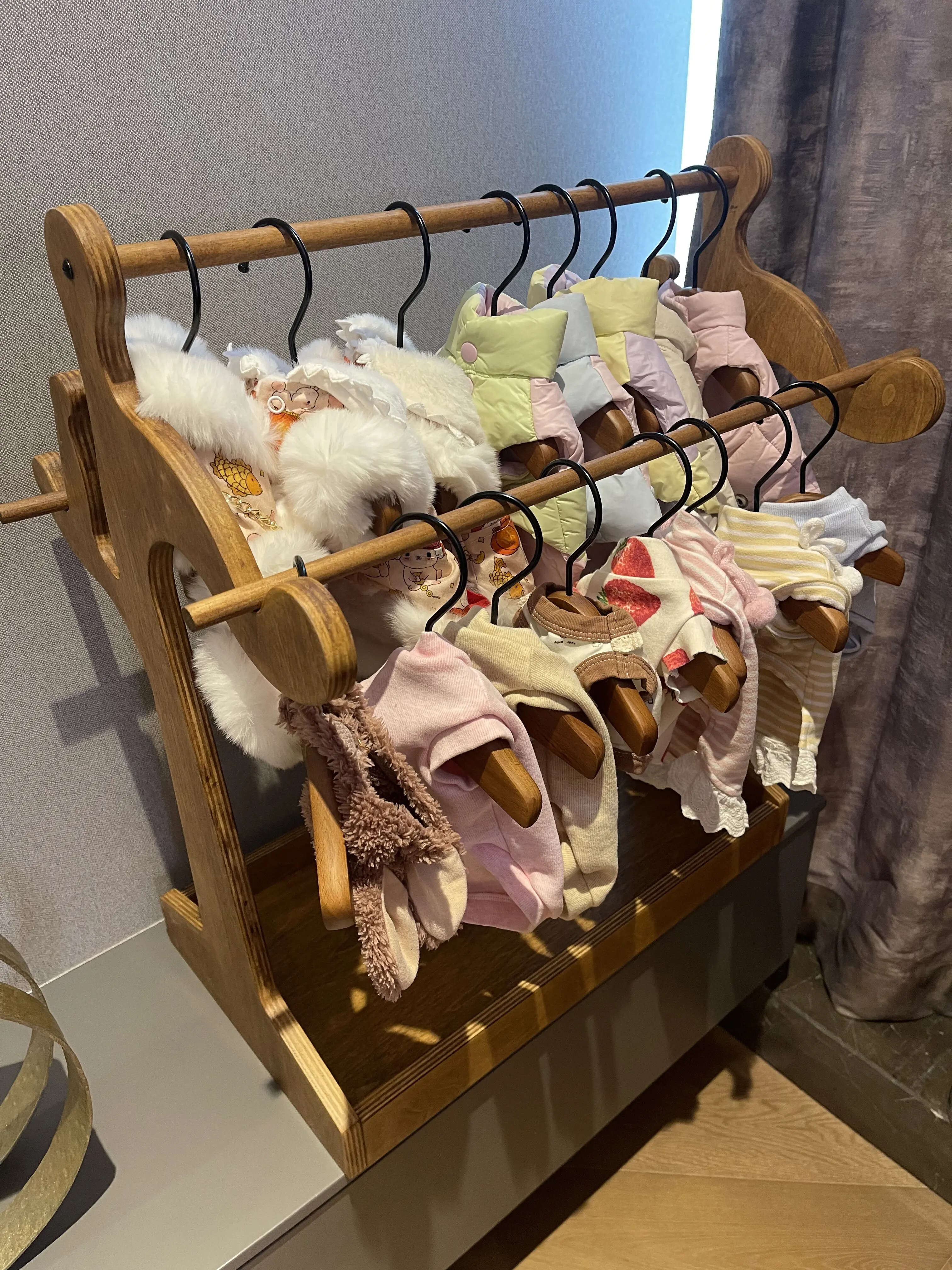 wooden pet clothes organizer in a customer's home - Danish Vintage Pet Clothes Hanger Rack